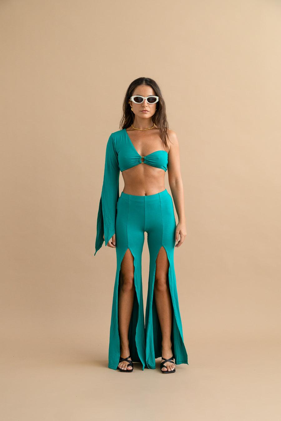 OSMOSE JADE GREEN ONE SHOULDER CROP TOP